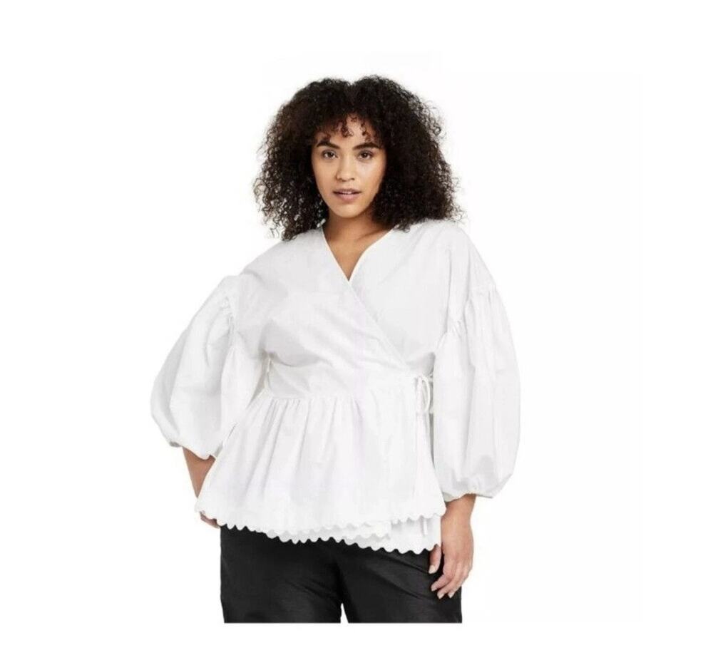 Kika Vargas For Target Wrap Top 2X White Scallop Edge Balloon Sleeves
